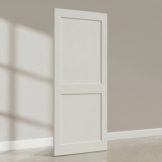 3D render of a primed white 2-panel beveled shaker interior door slab, displaying precision-routed hinge mortises and a standard bore hole for seamless modern installation.