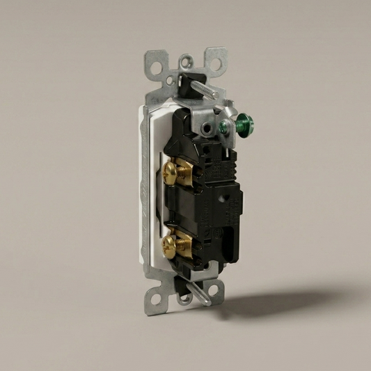 Leviton white Decora rocker switch showing self-grounding clip and Quickwire push-in terminals.