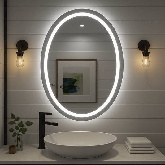 Noir Éclipse Oval LED Bathroom Mirror — Front Glow Frosted Ring + Back-Lit Halo, Dimmable, Anti-Fog & Memory (3000K/4000K/5000K) | 24"×32" or 30"×36" | CE & ETL Certified