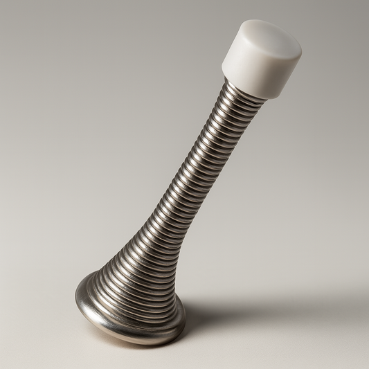 Vellum Hardware Coil spring door stop in silver mounted to a baseboard