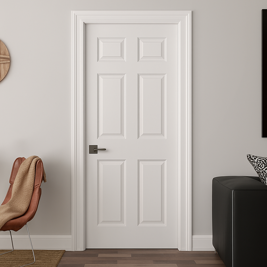 6-panel textured hollow core interior door slab in primed white, front view