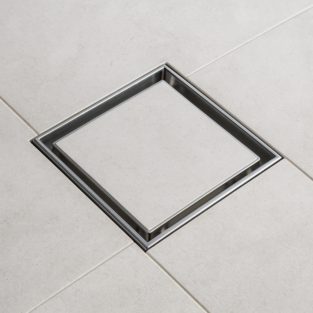 4″ × 4″ Square Shower Drain — SUS 304 Stainless, 2″ Outlet | Tile-In or Grate Cover — Brushed Nickel or Matte Black