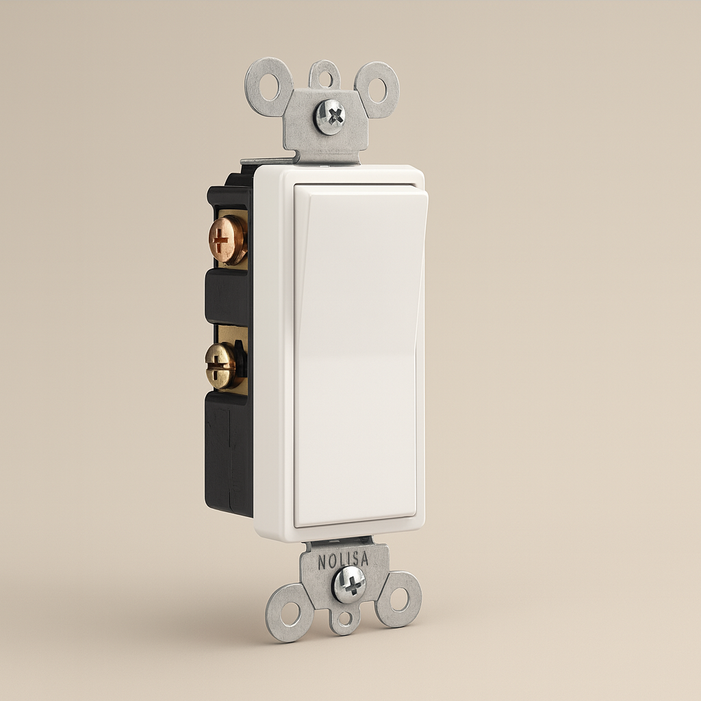 Nodexa Decora single-pole rocker switch in white, 15A, self-grounding.