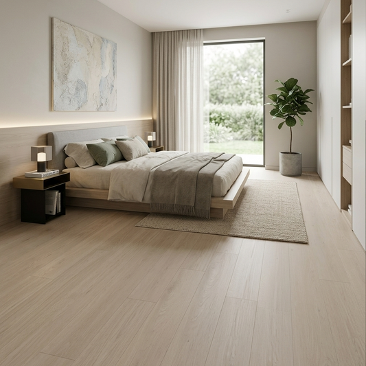 Modern bedroom with wooden floor, bed, and large window