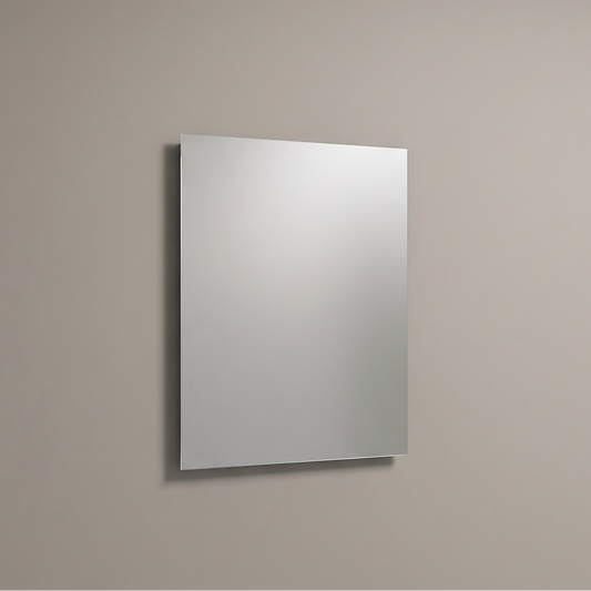 Ondelle frameless rectangular bathroom mirror mounted flush on interlocking steel wall brackets
