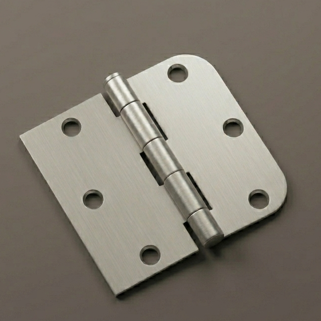 Metallic door hinge on a brown background