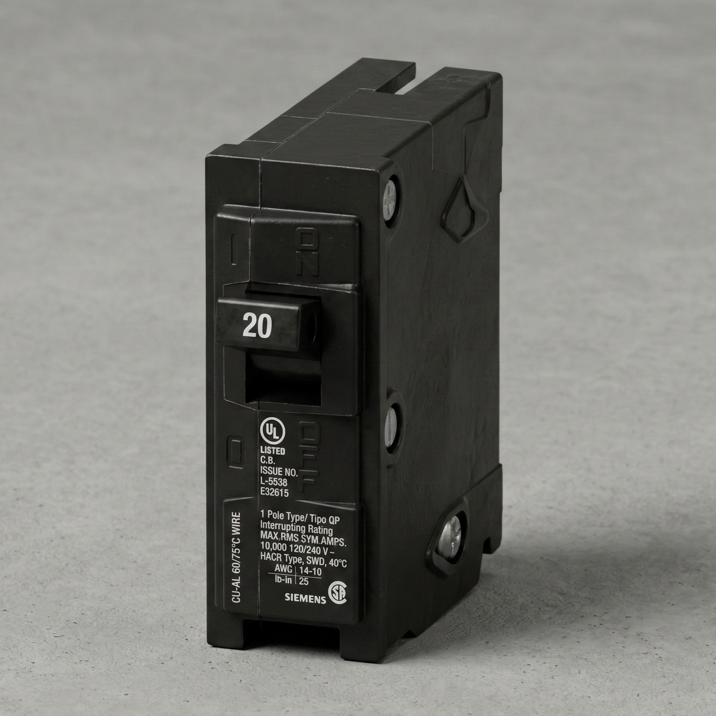 Matte Black Variant: A close-up, high-resolution architectural studio shot of an authentic Siemens Q120 20-Amp 1-Pole circuit breaker. The component features a matte black high-density polymer chassis, a pronounced toggle switch displaying the number 20 in stark white typography, and engraved technical specifications including CSA certification markings and a 10,000 max RMS symmetrical amps rating.