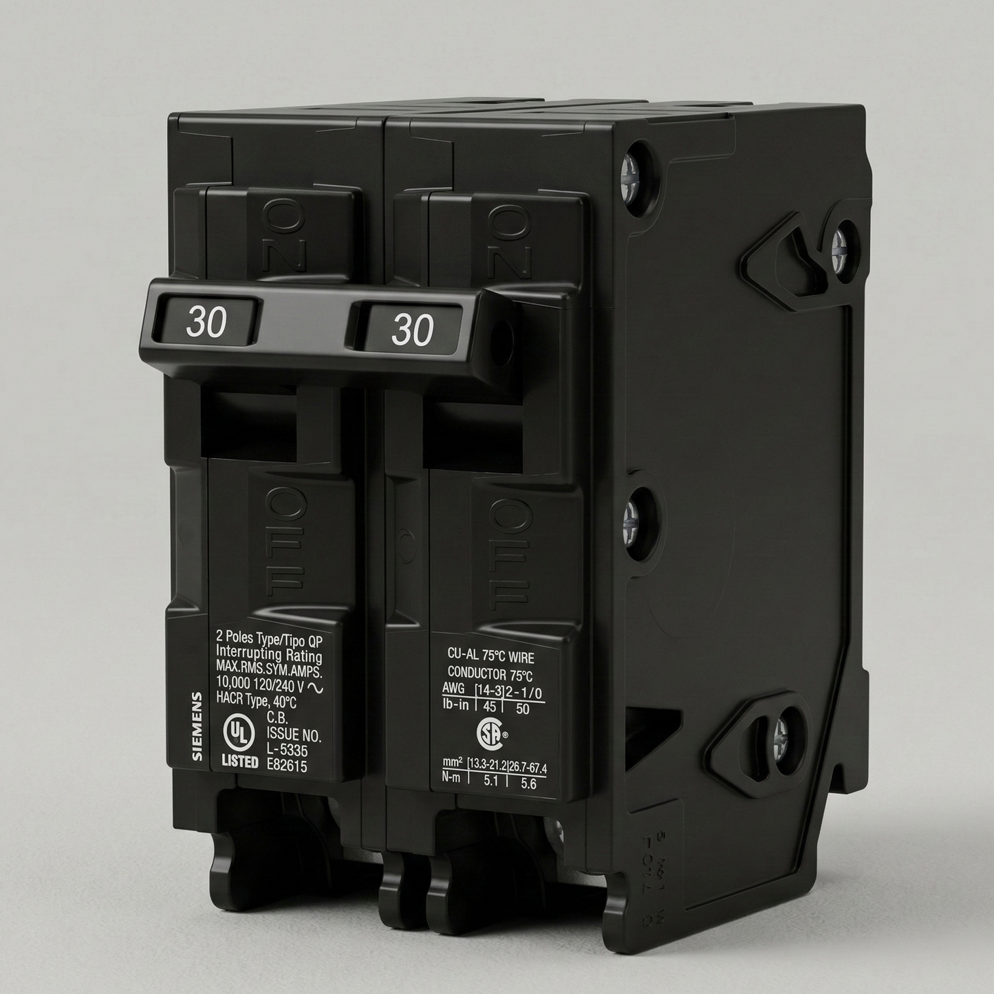 Black 30-Amp Variant: High-resolution angled profile of a monolithic black Siemens 30-Amp double-pole circuit breaker, showcasing precision terminal screws, a 10,000 AIC rating imprint, and standard Type QP plug-on architecture for luxury residential panels.