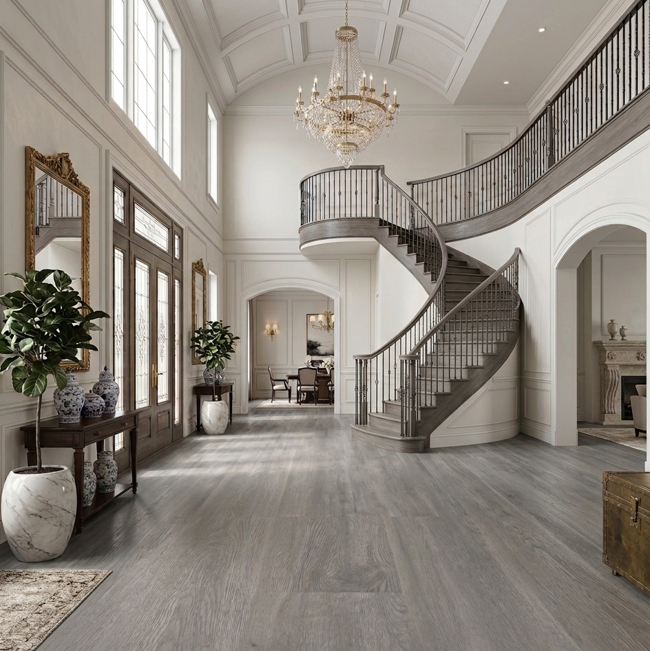 Luxurious interior with a spiral staircase, large windows, and decorative elements.