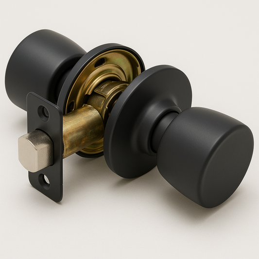 Vellum Hardware Pebble tulip door knob in satin nickel mounted on a white interior door
