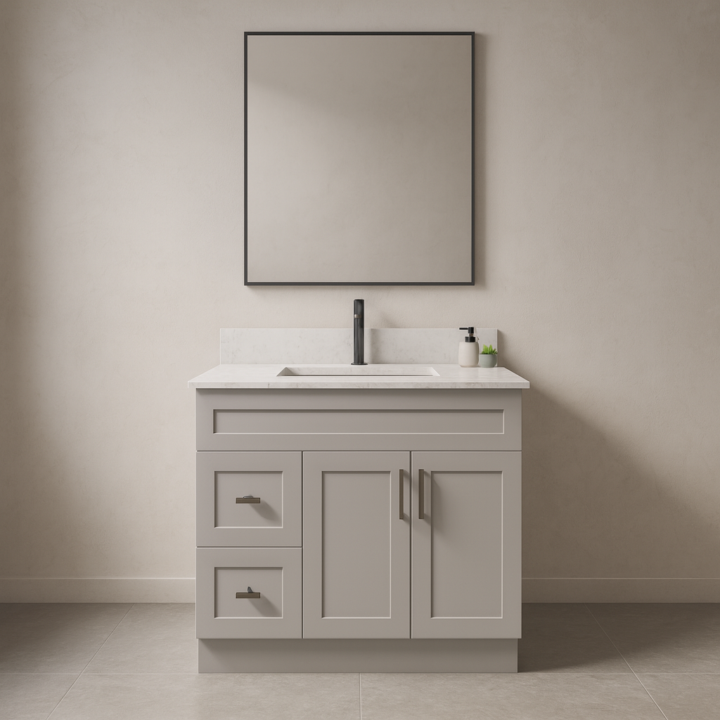 36-Inch Shaker Bathroom Vanity with Left/Right Drawers — White or Gray | Plywood Cabinet, Solid-Wood Doors, Soft-Close 3-Way Clip-On Hinges