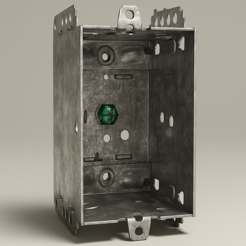 Nodexa 1-gang non-gangable galvanized steel device box, 3 by 2 by 2-1/2 inches, with solid fixed sides.
