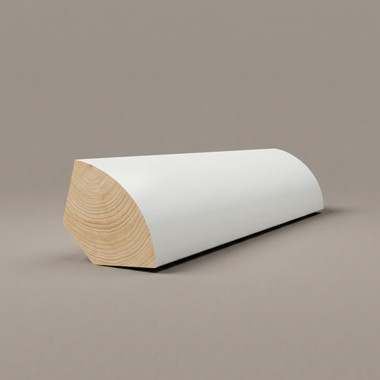 A high-fidelity architectural render of an 11/16-inch solid pine shoe molding, displaying its precise geometric curve, pre-primed white surface, and natural wood grain cross-section.