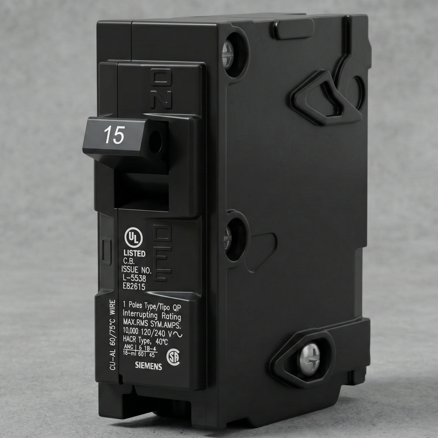 A front view of the authentic Siemens Q115 15-Amp 1-Pole Circuit Breaker featuring a matte black casing and clearly marked 15A switch for residential load centers.