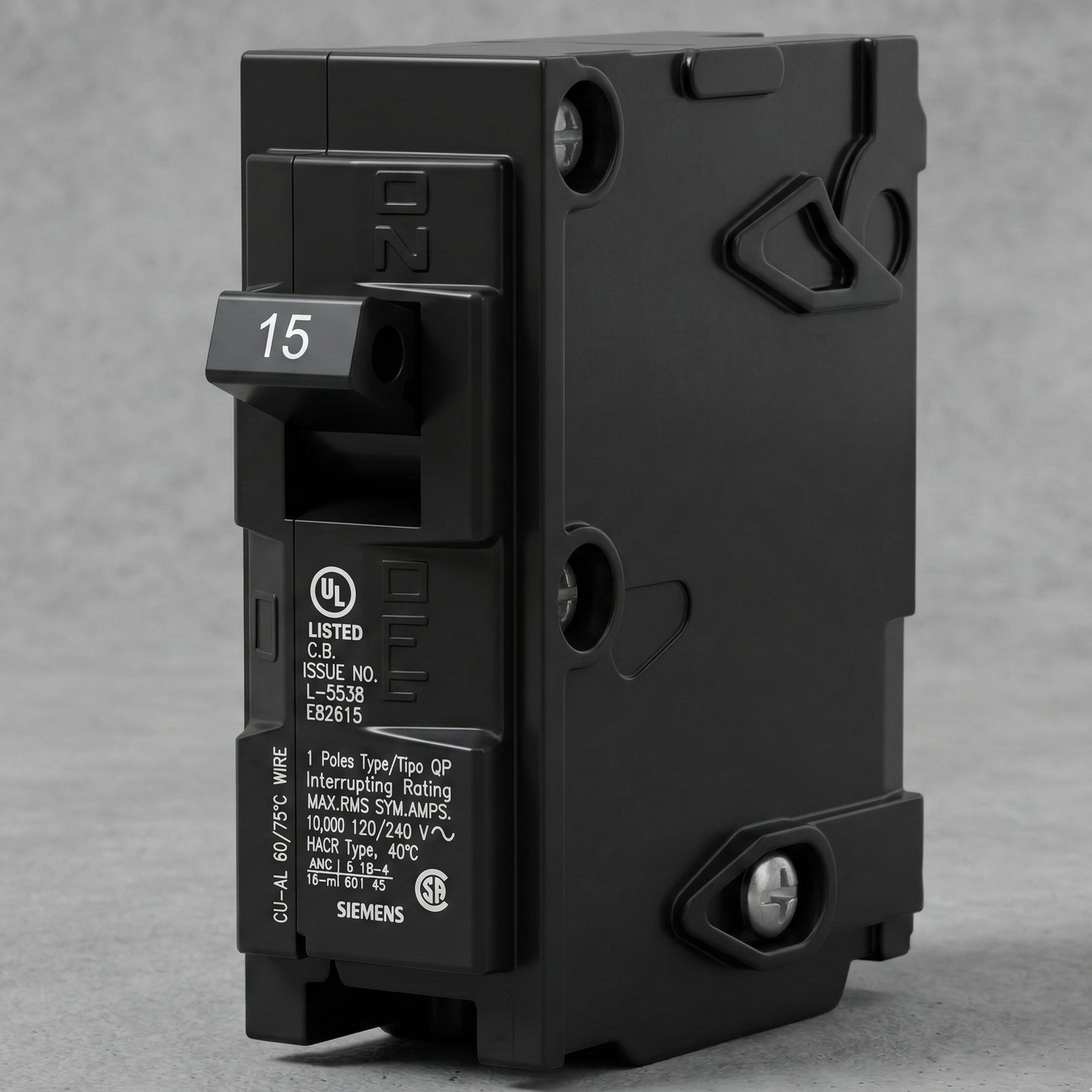 Siemens Q115 15-amp 1-pole Type QP circuit breaker, black casing with 15A trip lever, for residential load centres.