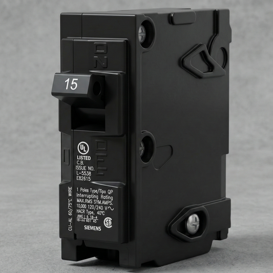 Siemens Q115 15-amp 1-pole Type QP circuit breaker, black casing with 15A trip lever, for residential load centres.