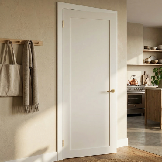 3D rendering of a primed white 1-panel beveled shaker interior door slab, featuring a cleanly routed knob bore on the right edge and two precise through-cut hinge mortises on the left edge.