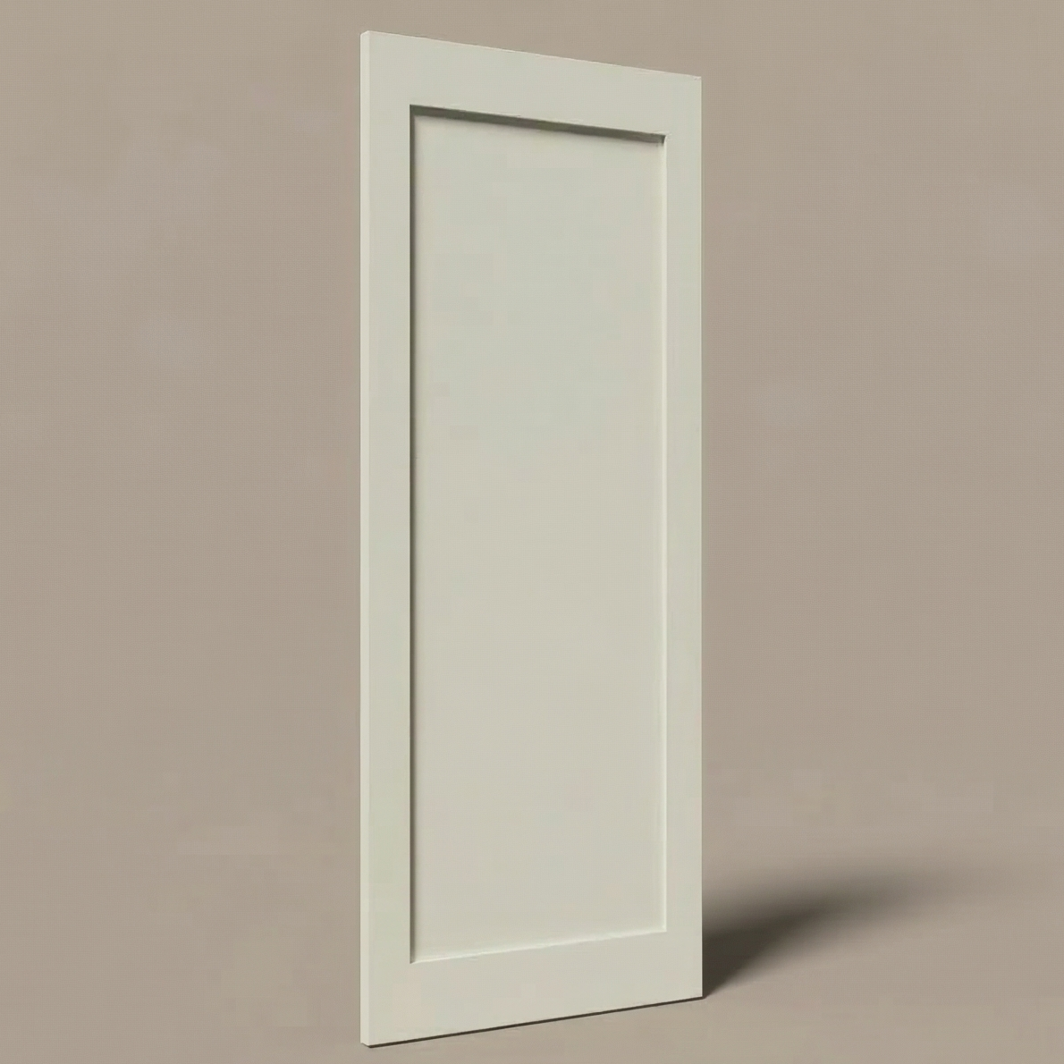 3D rendering of a primed white 1-panel beveled shaker interior door slab, featuring a cleanly routed knob bore on the right edge and two precise through-cut hinge mortises on the left edge.