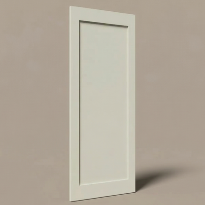 3D rendering of a primed white 1-panel beveled shaker interior door slab, featuring a cleanly routed knob bore on the right edge and two precise through-cut hinge mortises on the left edge.