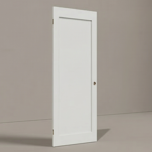 3D rendering of a primed white 1-panel beveled shaker interior door slab, featuring a cleanly routed knob bore on the right edge and two precise through-cut hinge mortises on the left edge.