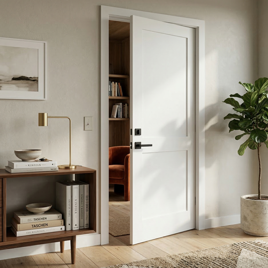 3D render of a primed white 2-panel beveled shaker interior door slab, displaying precision-routed hinge mortises and a standard bore hole for seamless modern installation.