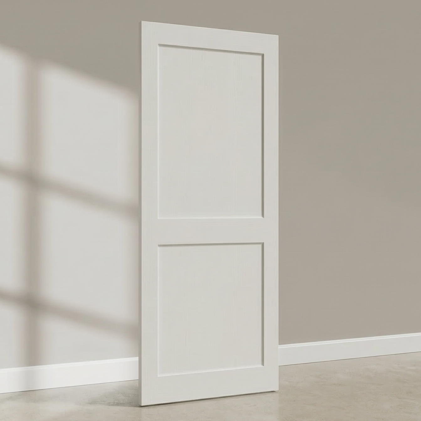 3D render of a primed white 2-panel beveled shaker interior door slab, displaying precision-routed hinge mortises and a standard bore hole for seamless modern installation.