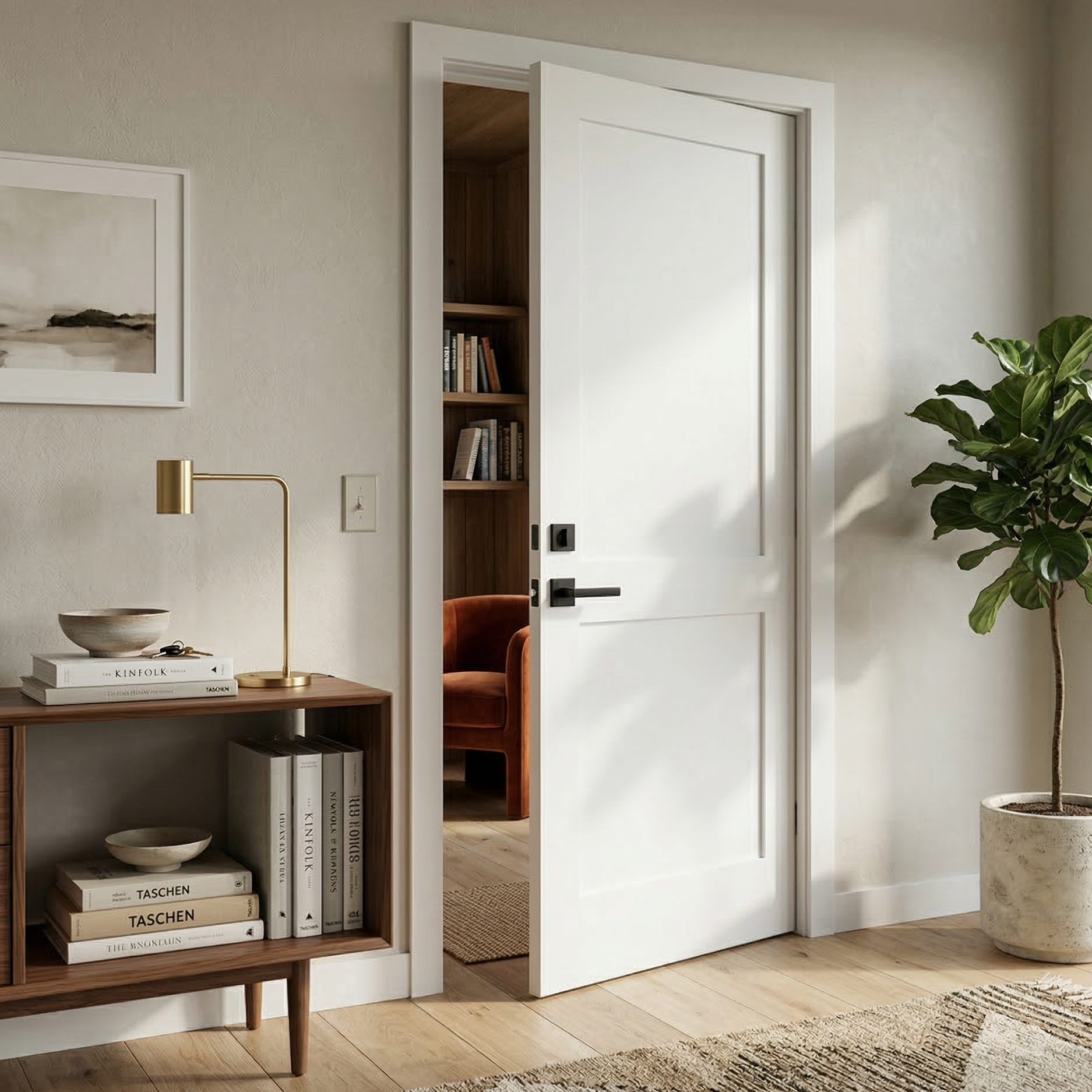 Primed 2-panel bevelled shaker interior door slab, front view