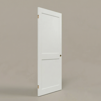 Pre-Machined Variant: 3D render of a primed white 2-panel beveled shaker interior door slab, displaying precision-routed hinge mortises and a standard bore hole for seamless modern installation.