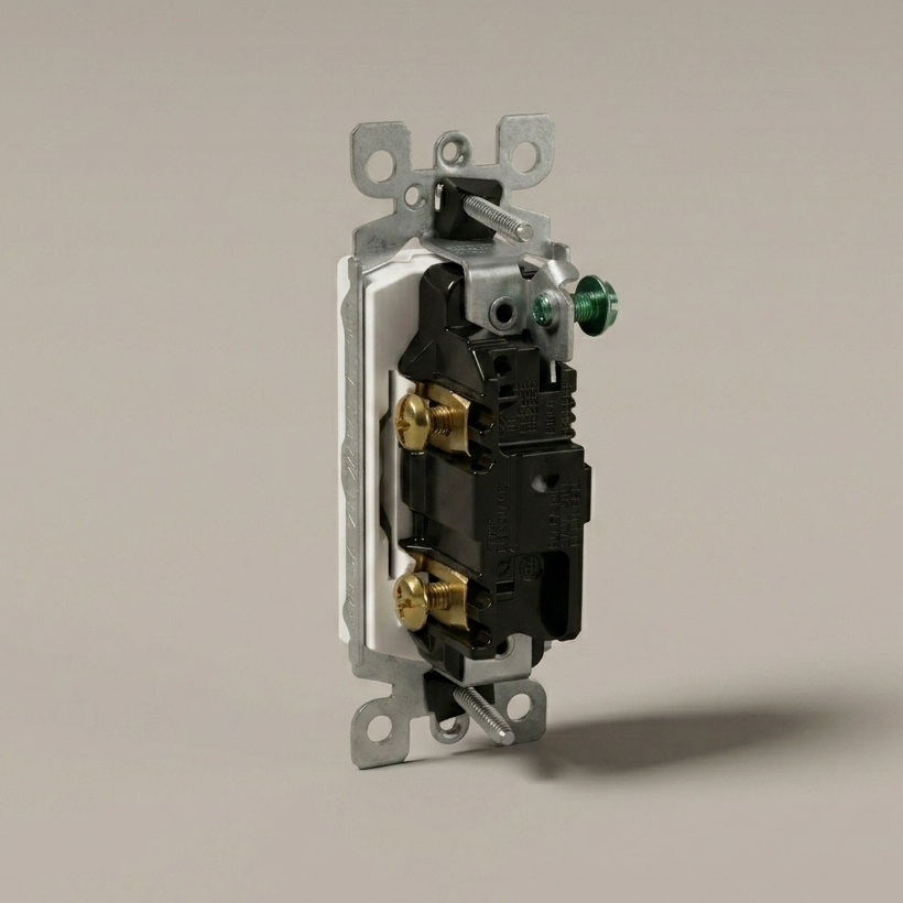 Leviton white Decora rocker switch showing self-grounding clip and Quickwire push-in terminals.