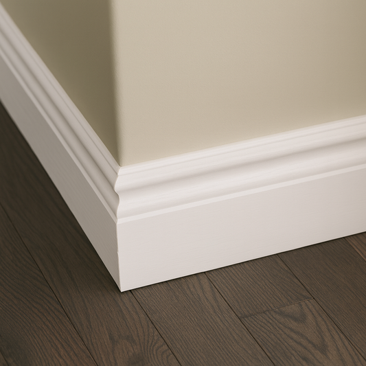 Primed Paulownia Colonial Baseboard — 4 in & 5-1/4 in Heights | 10′ & 12′ Lengths | Lightweight Hardwood, Paint-Ready Trim (Base Moulding)