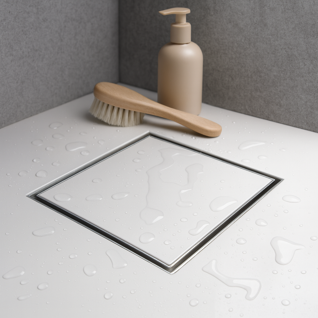 6-inch square shower drain in 304 stainless steel, top-down view.