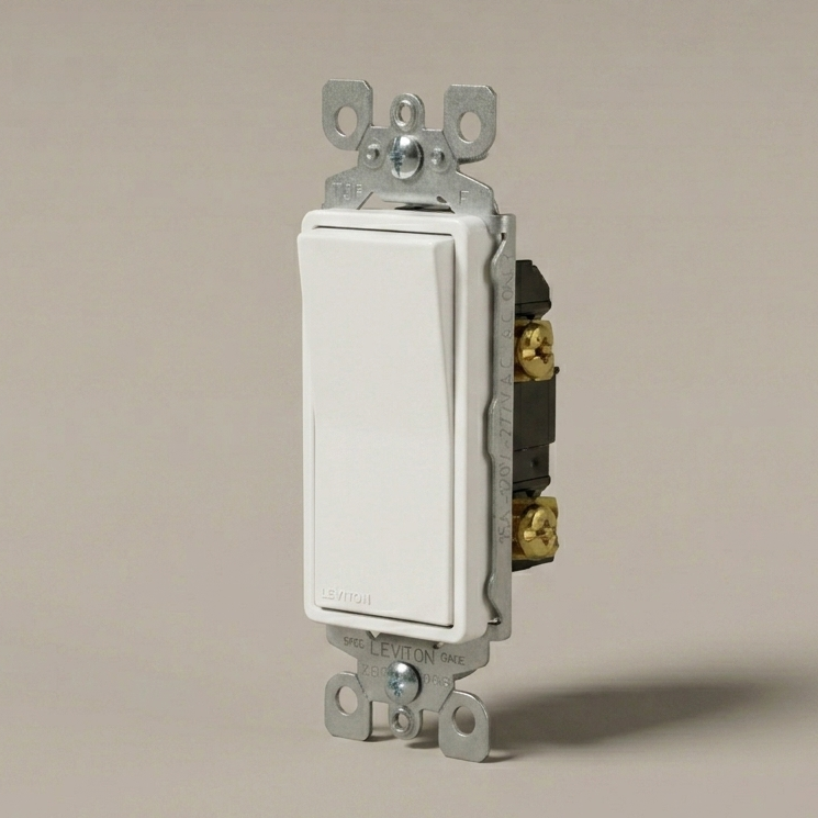 Leviton 15A single-pole Decora rocker switch in white, contractor 10-pack.