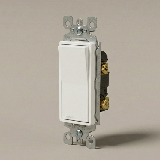 Leviton 15A single-pole Decora rocker switch in white, contractor 10-pack.