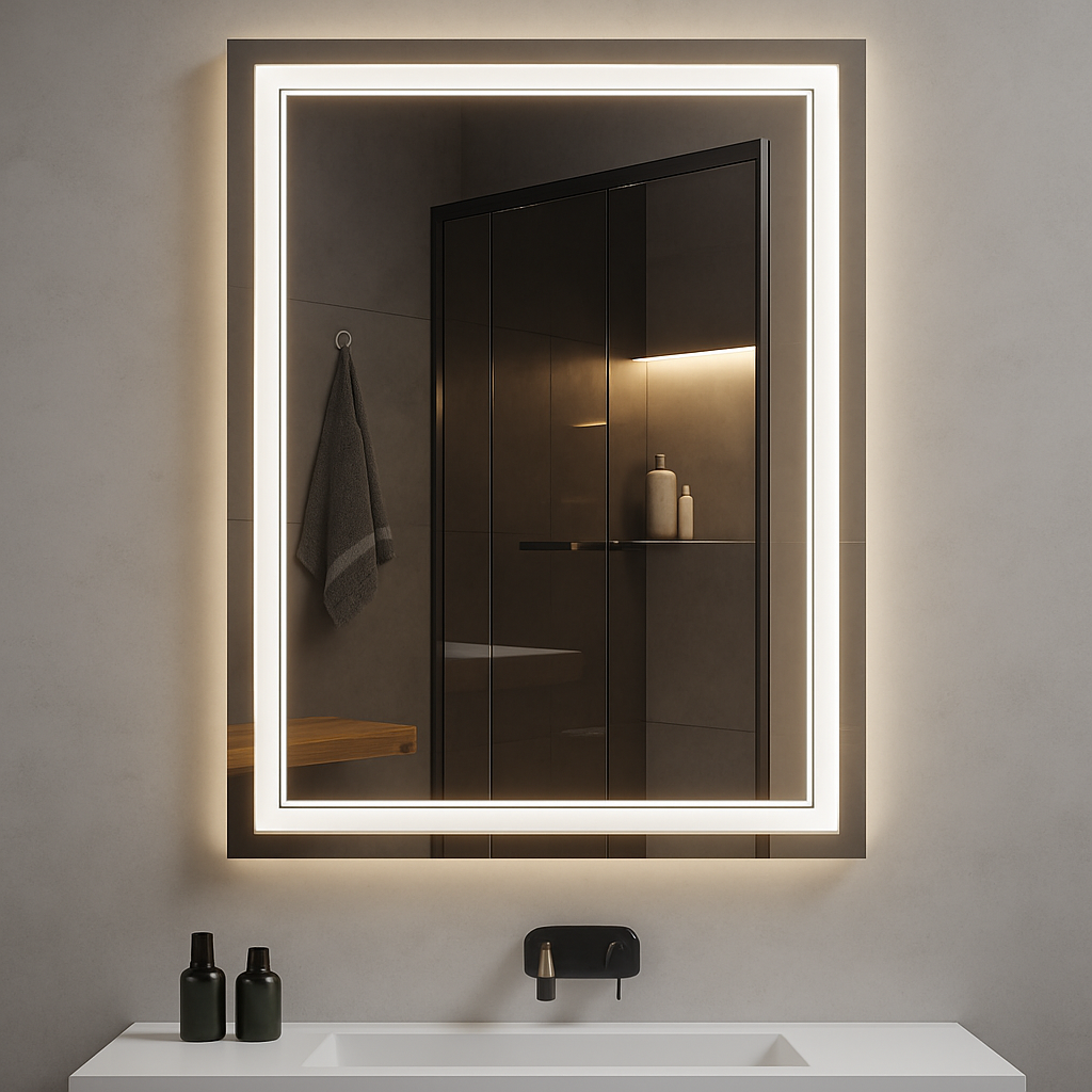 Ondelle rectangular dual-lit LED bathroom mirror with frosted front perimeter and backlit halo