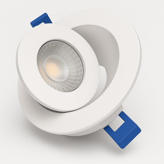Gimbal pot light tilted to aim light at a sloped ceiling or accent wall