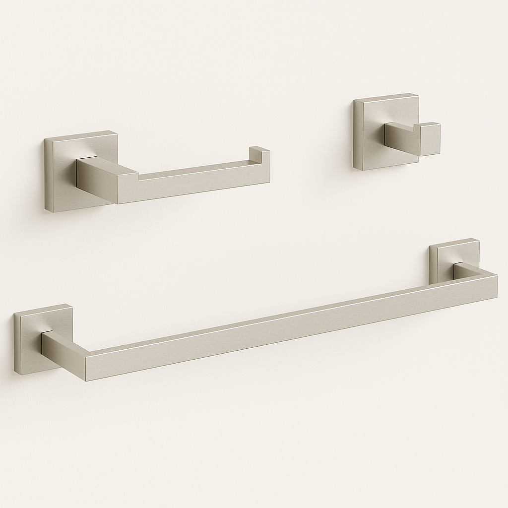 Vellum Hardware Quadra 3-piece square bathroom hardware set — towel bar, paper holder, robe hook