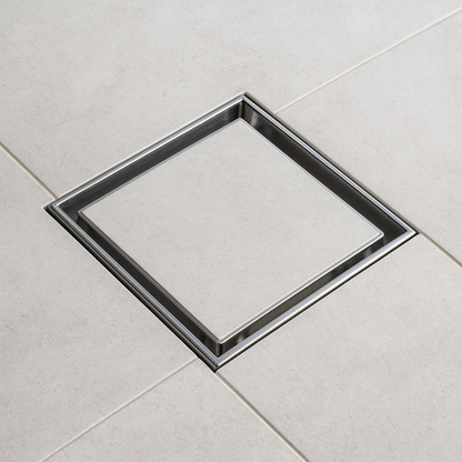 4″ × 4″ Square Shower Drain — SUS 304 Stainless, 2″ Outlet | Tile-In or Grate Cover — Brushed Nickel or Matte Black