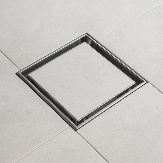 4″ × 4″ Square Shower Drain — SUS 304 Stainless, 2″ Outlet | Tile-In or Grate Cover — Brushed Nickel or Matte Black
