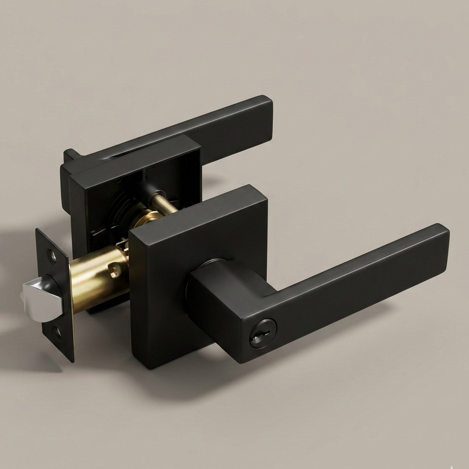 Vellum Hardware Quadra square door lever in matte black, flat lever on a square rosette, front view