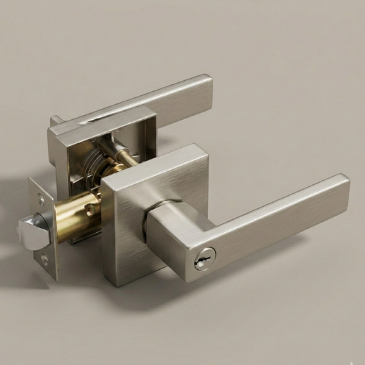 Vellum Hardware Quadra square door lever in satin nickel, square rosette mounted on a white door