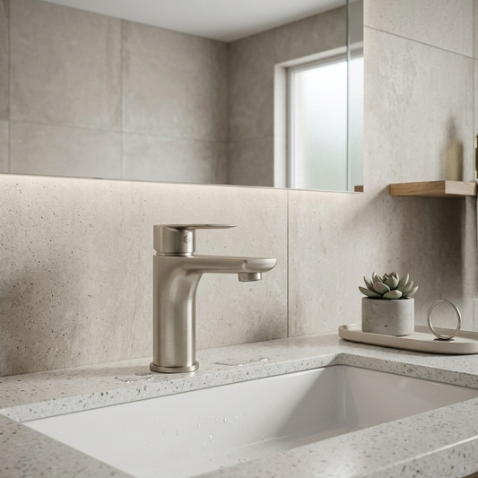 A modern, minimalist single-hole bathroom faucet made of stainless steel, installed on a white speckled quartz countertop against a white subway tile backsplash.