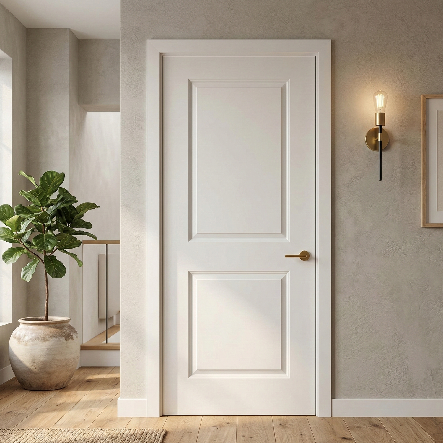 2-panel square smooth interior door slab installed in a furnished hallway