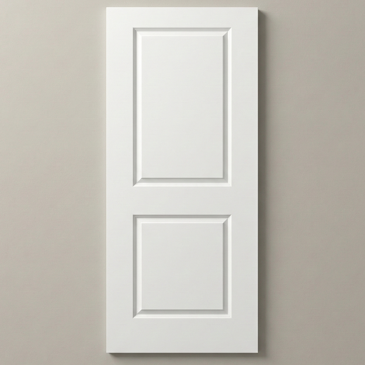 Front view of a smooth primed 2-panel square hollow core interior door slab, featuring a large upper rectangular panel and a smaller lower rectangular panel, standing against a clean white background.