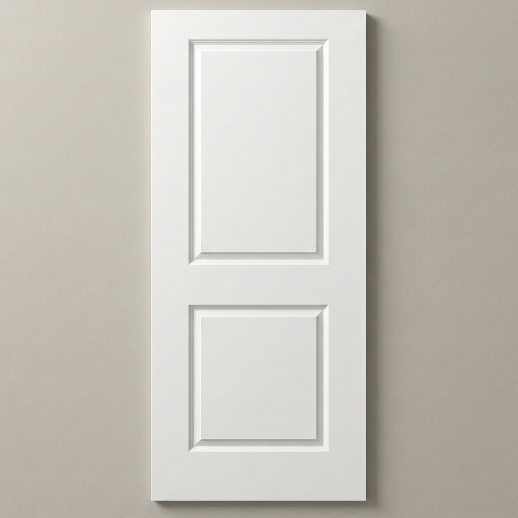 Front view of a smooth primed 2-panel square hollow core interior door slab, featuring a large upper rectangular panel and a smaller lower rectangular panel, standing against a clean white background.