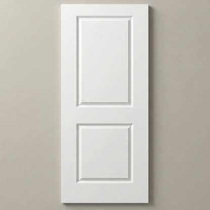 Front view of a smooth primed 2-panel square hollow core interior door slab, featuring a large upper rectangular panel and a smaller lower rectangular panel, standing against a clean white background.