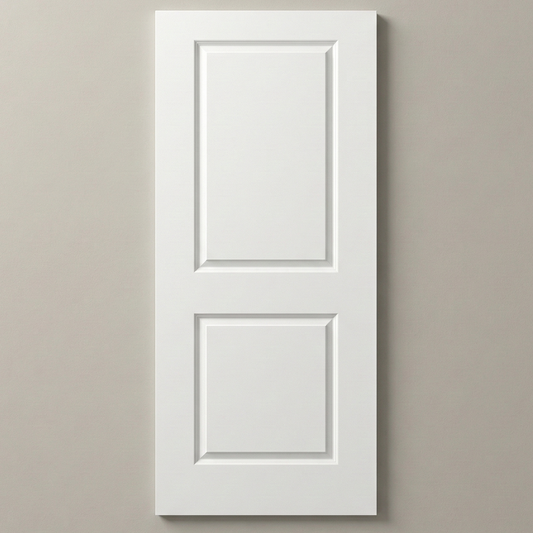 Front view of a smooth primed 2-panel square hollow core interior door slab, featuring a large upper rectangular panel and a smaller lower rectangular panel, standing against a clean white background.