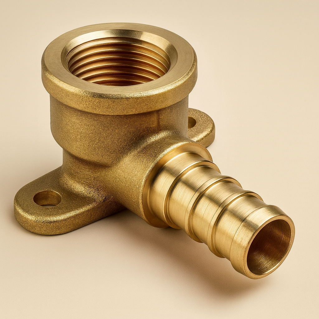 Brass PEX drop ear elbow with F1807 crimp barb, FPT outlet, and three-hole mounting flange
