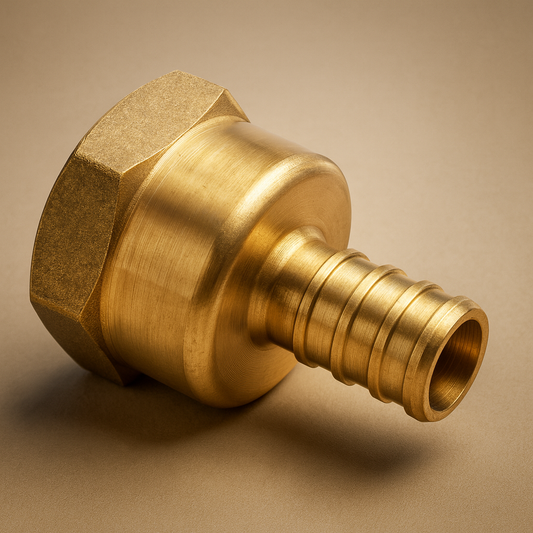 Brass PEX to FPT adapter showing female NPT thread opening