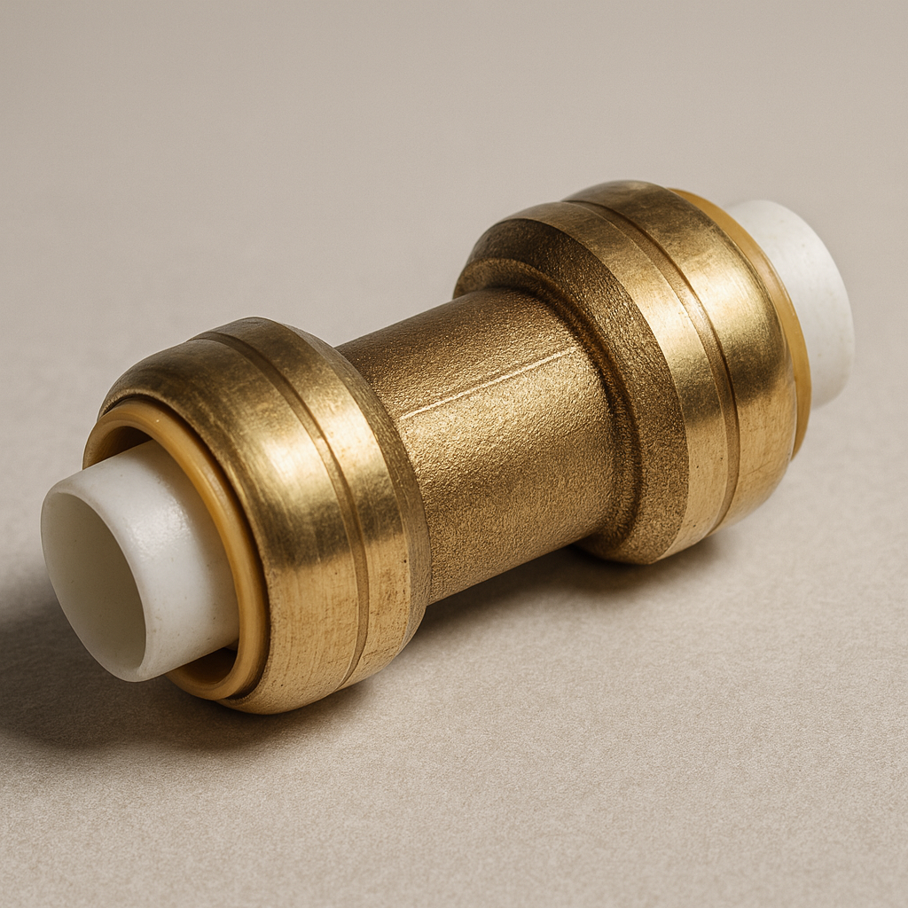 Brass push-fit coupling with two push-to-connect ends for pipe repair splices