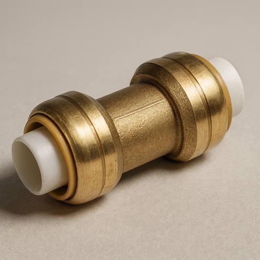 Brass push-fit coupling with two push-to-connect ends for pipe repair splices